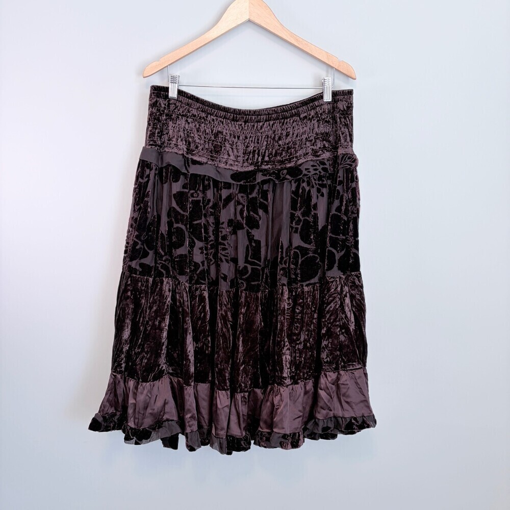 VTG Silk Skirt Tiered Velvet Burnout Boho Western Festival Brown Women's Large